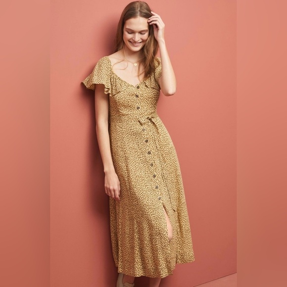 Anthropologie Bolano Leopard Print Midi Button Front Dress Size 0 Boho - Picture 1 of 14
